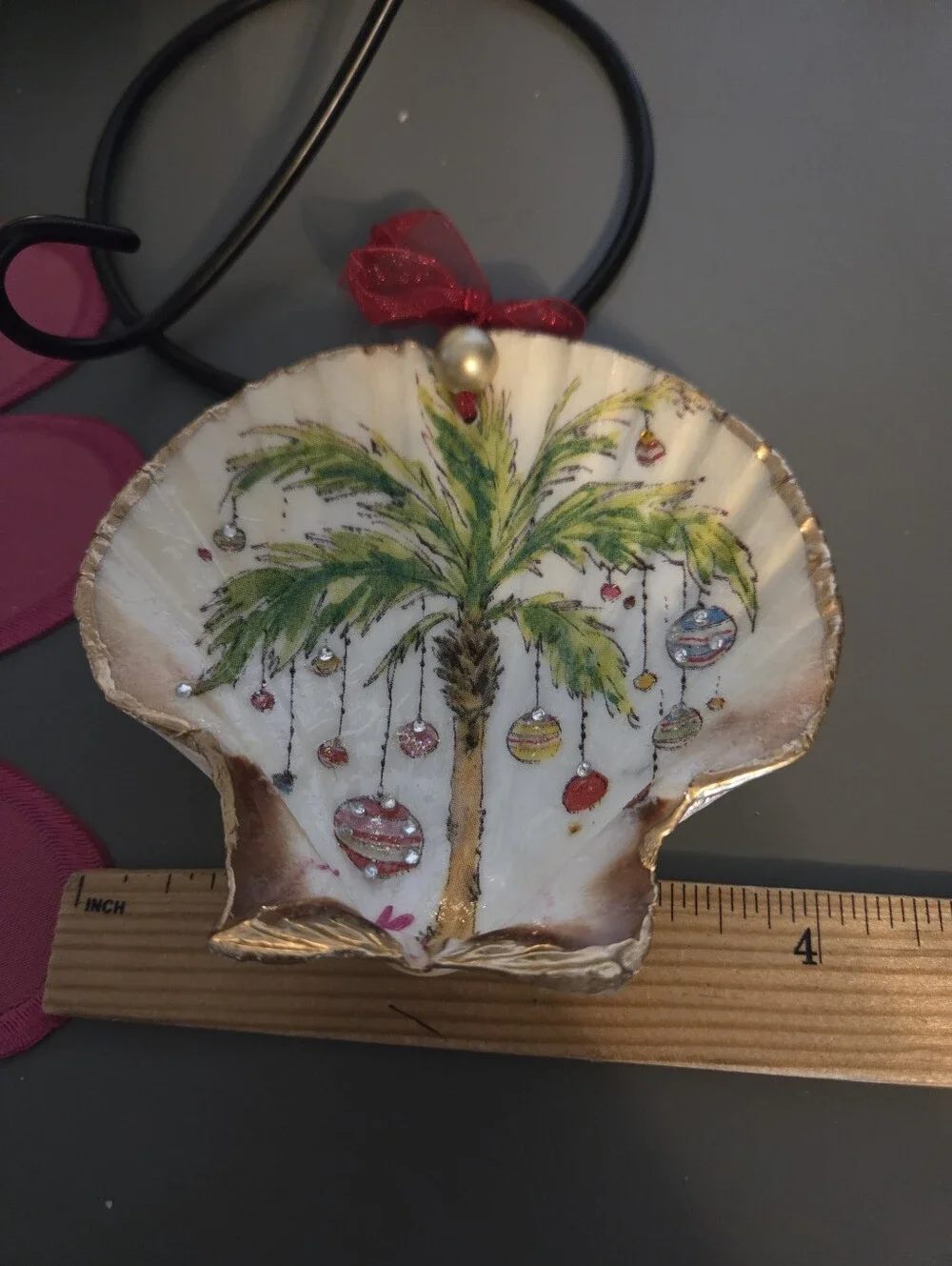 Handcrafted Ornament Scallop Shell With A Palm Tree Design